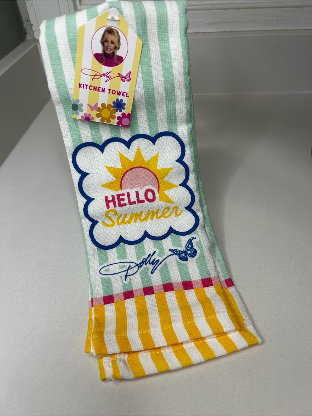 NEW Dolly Parton Hello Summer Kitchen Tea Towel - Mint/Yellow Stripe 100% cotton